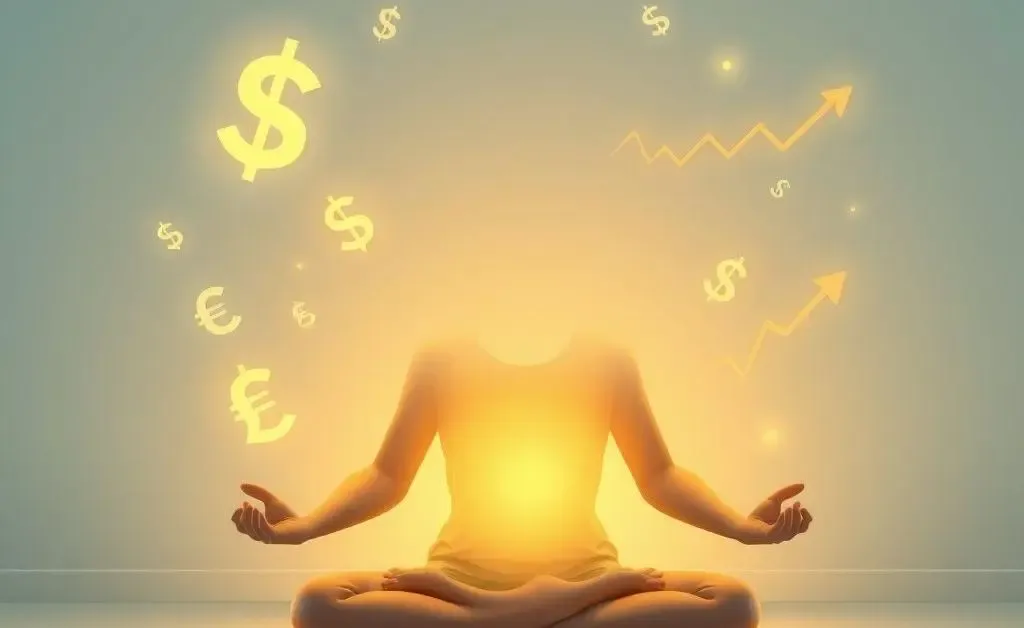 Meditating with financial symbols floating around