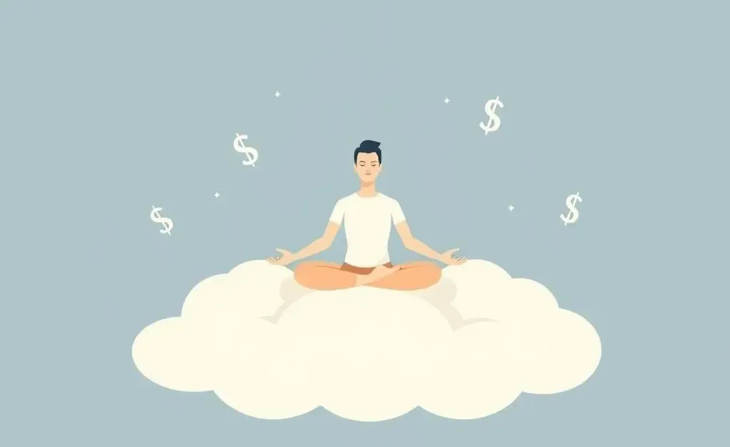 Person meditating among floating dollar symbols.