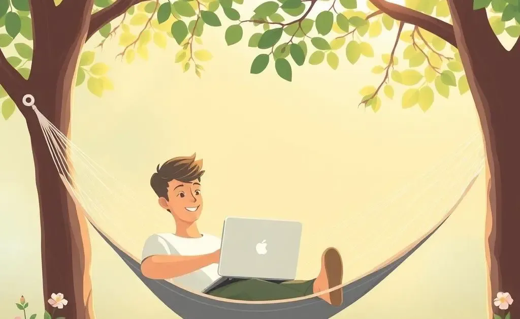 A simple, calming illustration of a person relaxing with a laptop in a hammock
