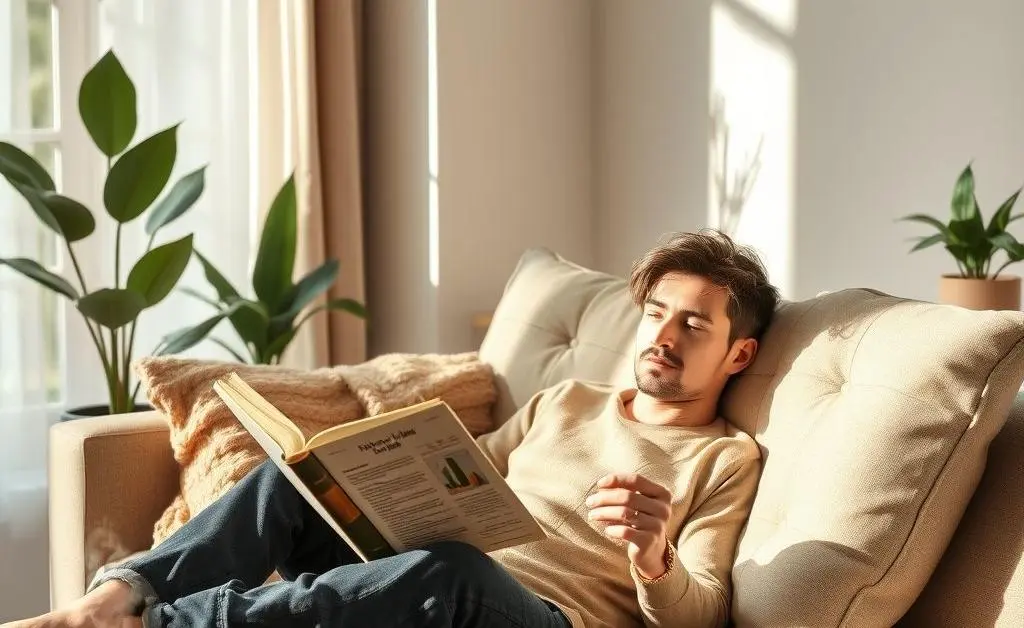 Person reading about investing, depicting a calm approach