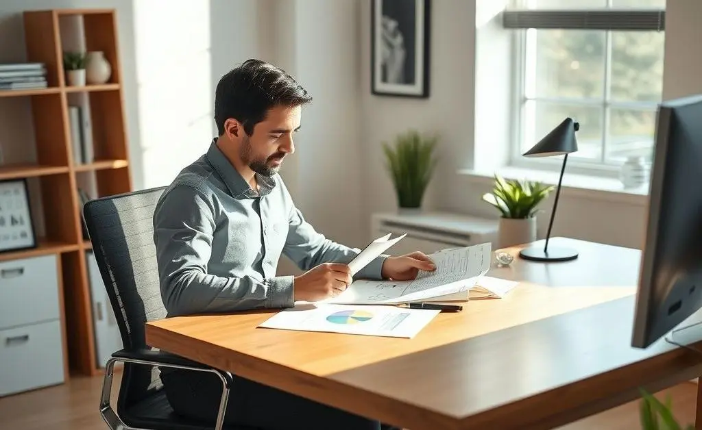 Person calmly managing their finances at a desk