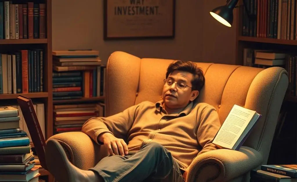 Individual relaxing with investment books.