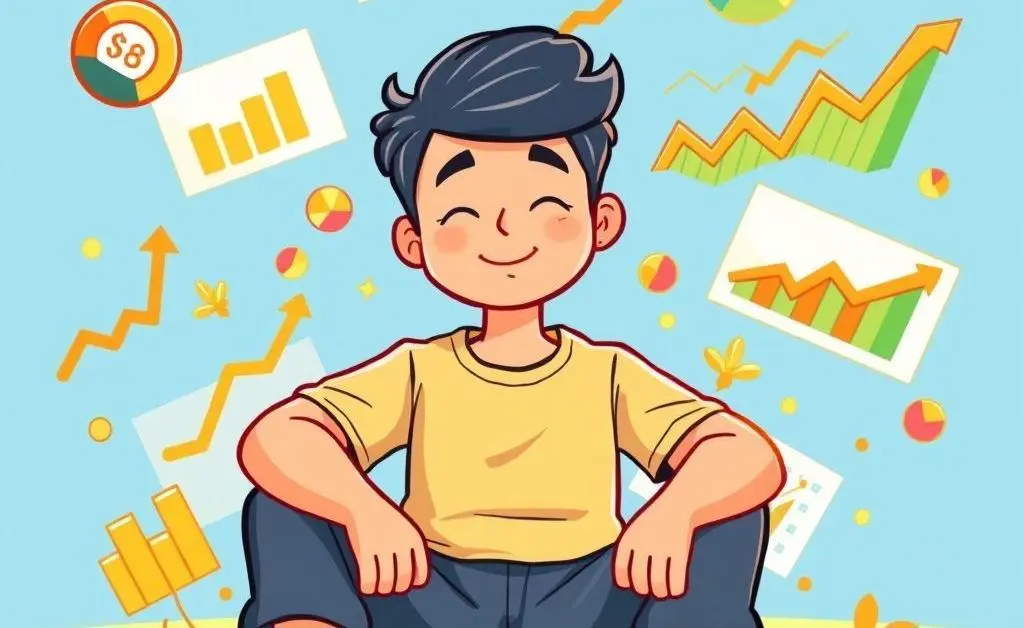 Person sitting calmly with investment visuals
