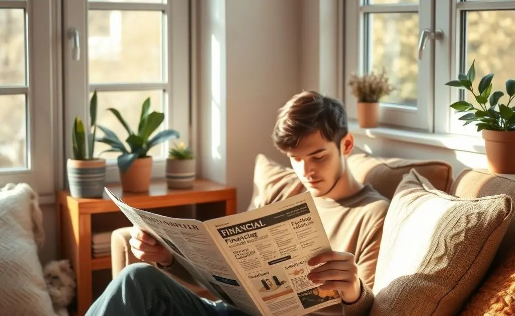 A peaceful scene with a person reading a financial magazine in a cozy room.