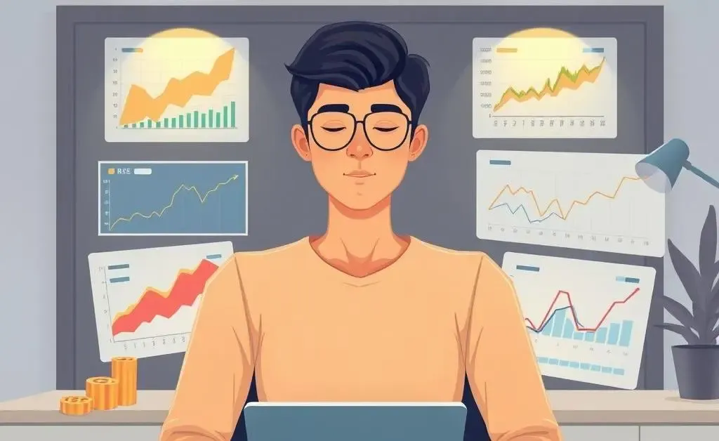 An illustration of a person sitting calmly with charts and graphs around, symbolizing a thoughtful approach to investing.