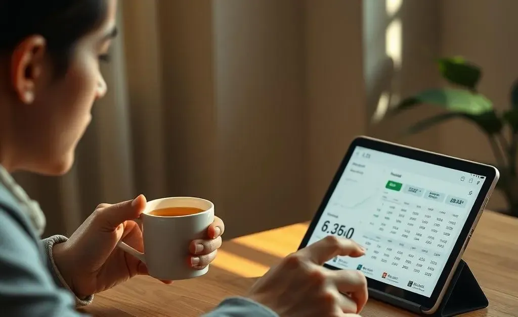 A calm scene of a person sipping tea while reviewing investment options on a tablet.