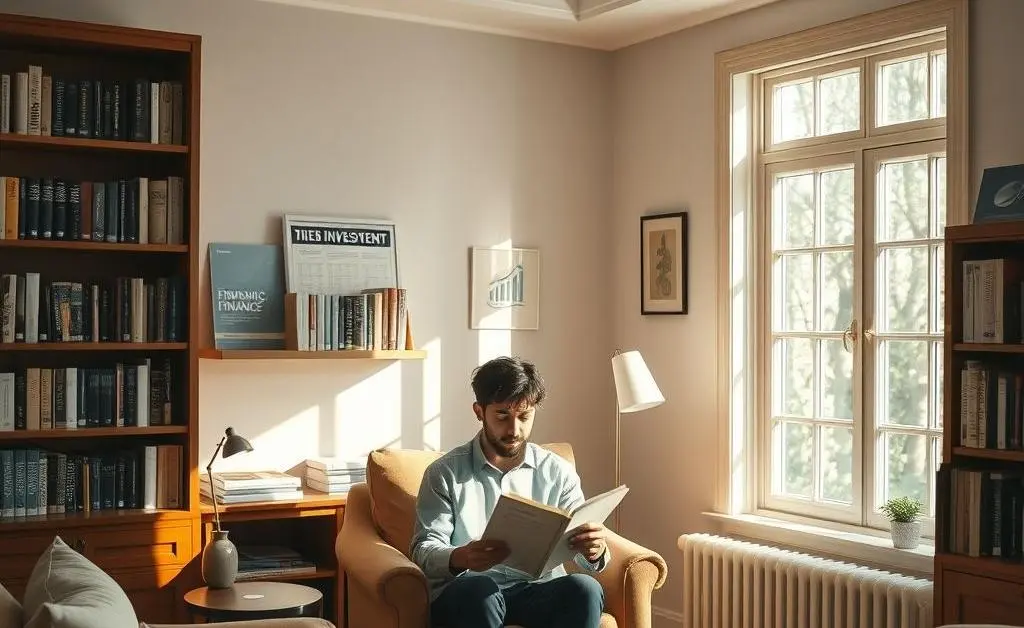 A peaceful room with a person reading about investments.