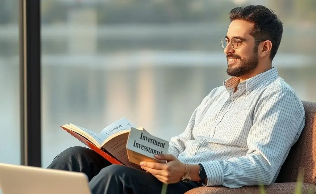 Individual sitting with investment books and laptop