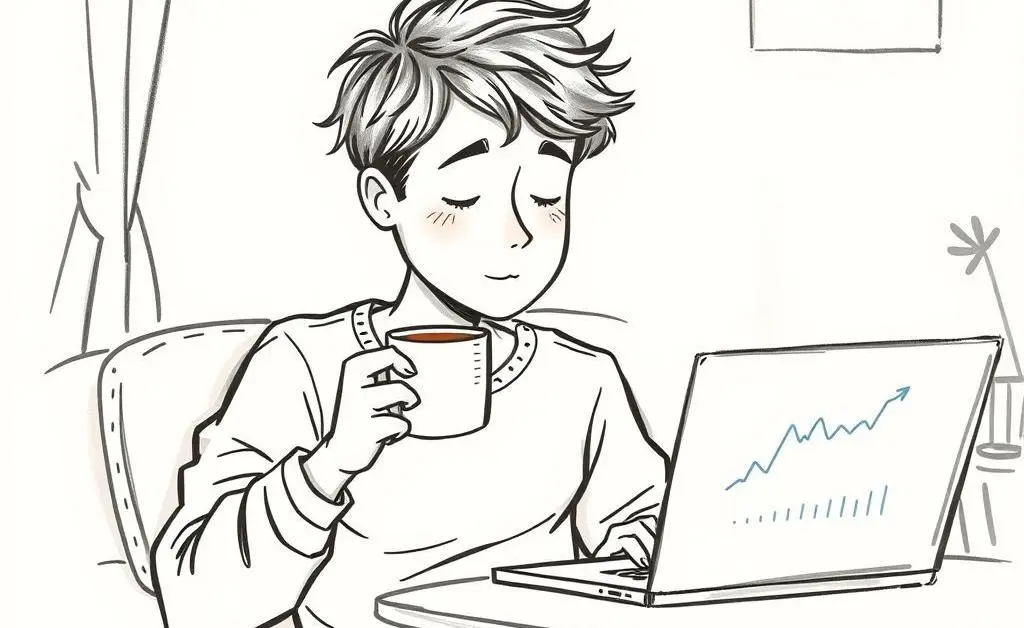 Person drinking coffee and looking at their investments on a laptop.