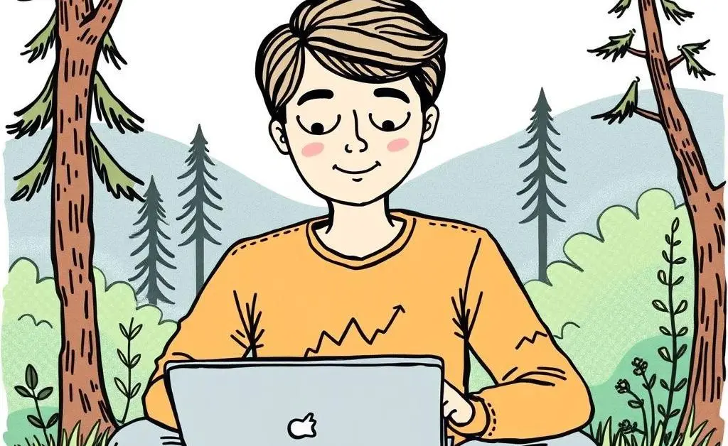 A person sitting calmly with a laptop among nature viewing investment charts.