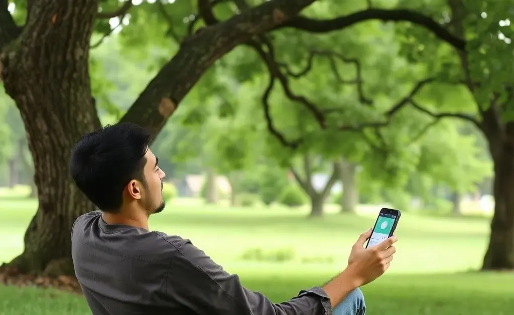 A person enjoying a calm break with a stock market app