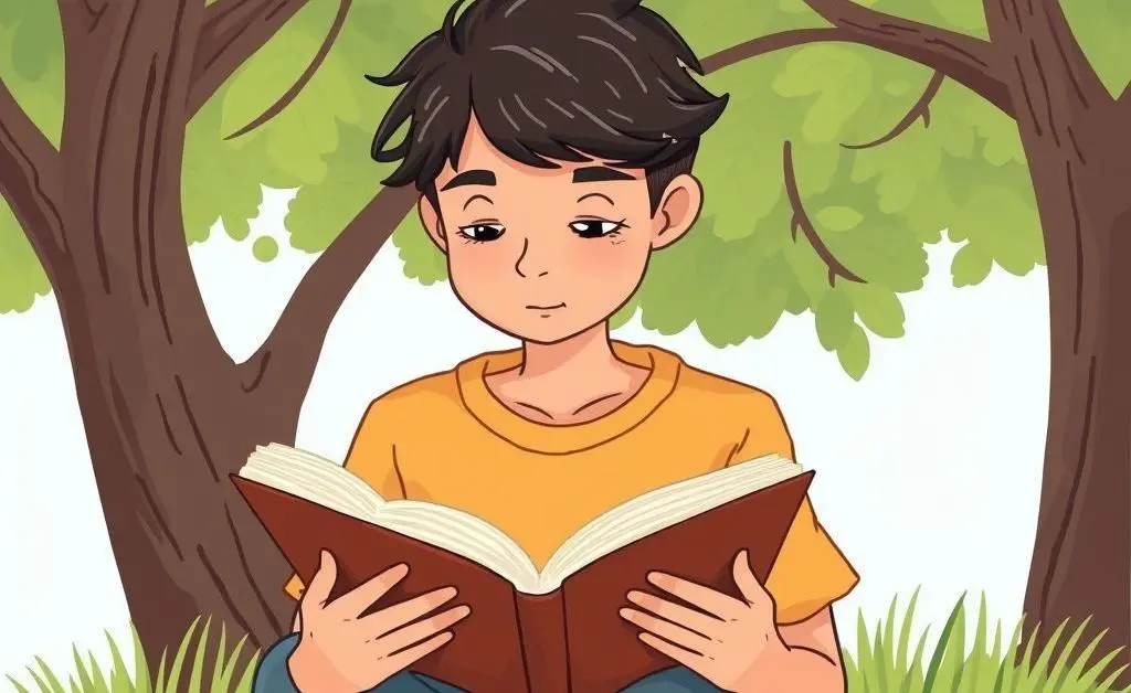 A person reading under a tree, looking thoughtful and calm.