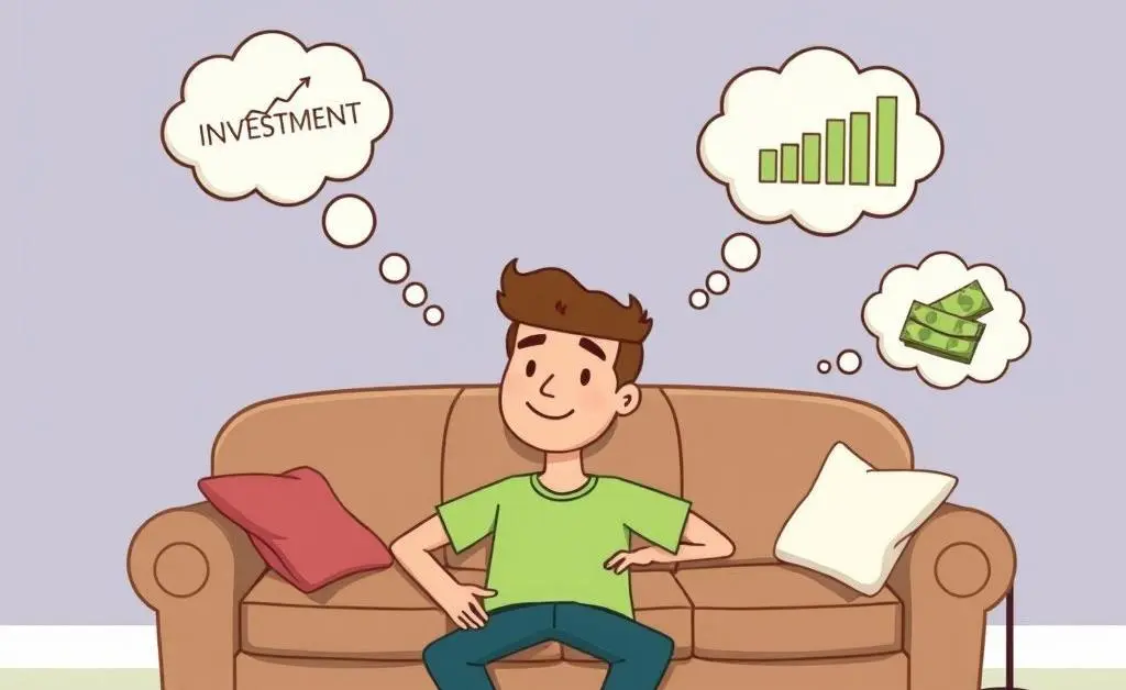 Cartoon-style image of a person relaxing on a couch with thought bubbles of investment ideas