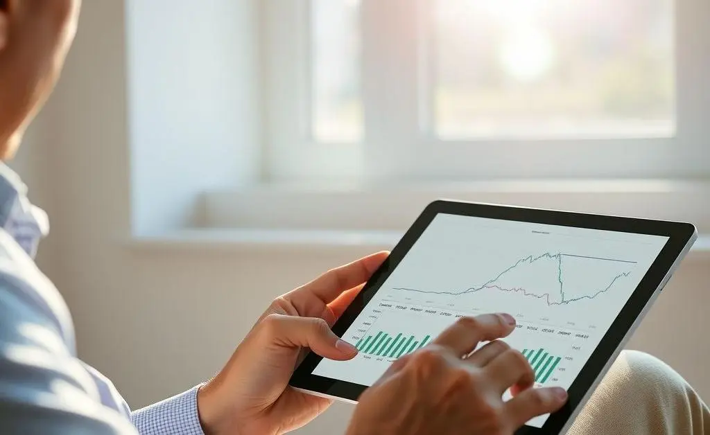 A person calmly analyzing investment graphs on a tablet under a sunny window