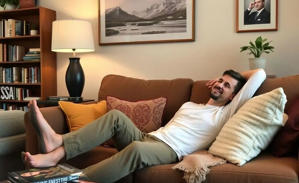 A cozy living room setting with a person relaxing on a couch, surrounded by books about investing.