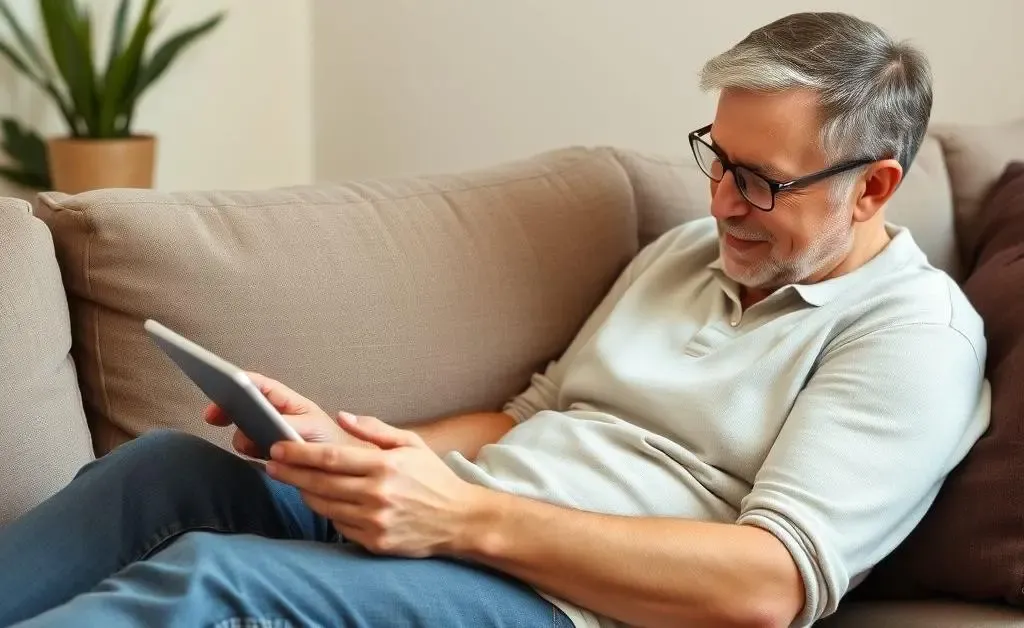 A person sitting peacefully on a sofa, browsing financial apps on a tablet