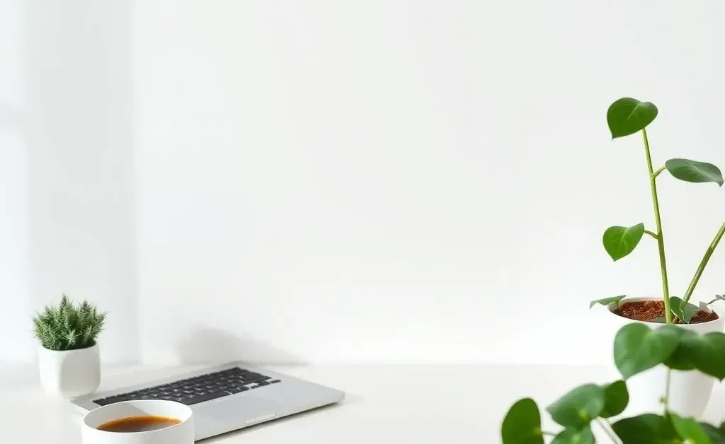 A minimalist, clean image of a calm office setup with a laptop, coffee cup, and green plants implying a peaceful investing atmosphere.