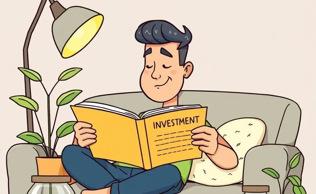 Person relaxed with an investment book on a couch.