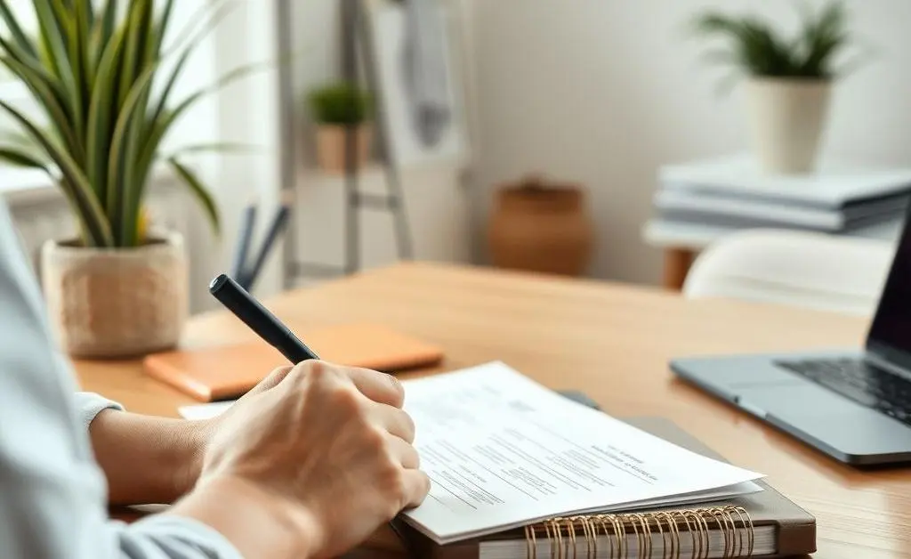 A serene home office setting with a person writing financial goals on paper.