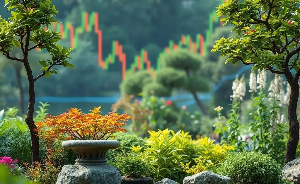 Zen scene with financial overlay