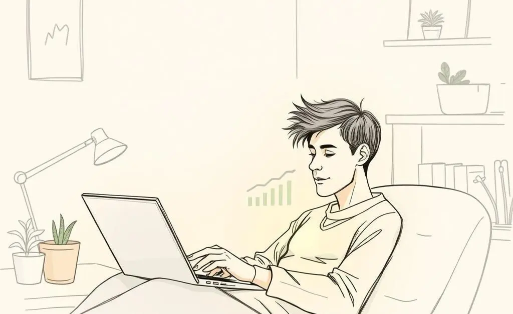 A serene hand-drawn image of a person checking investments on a laptop