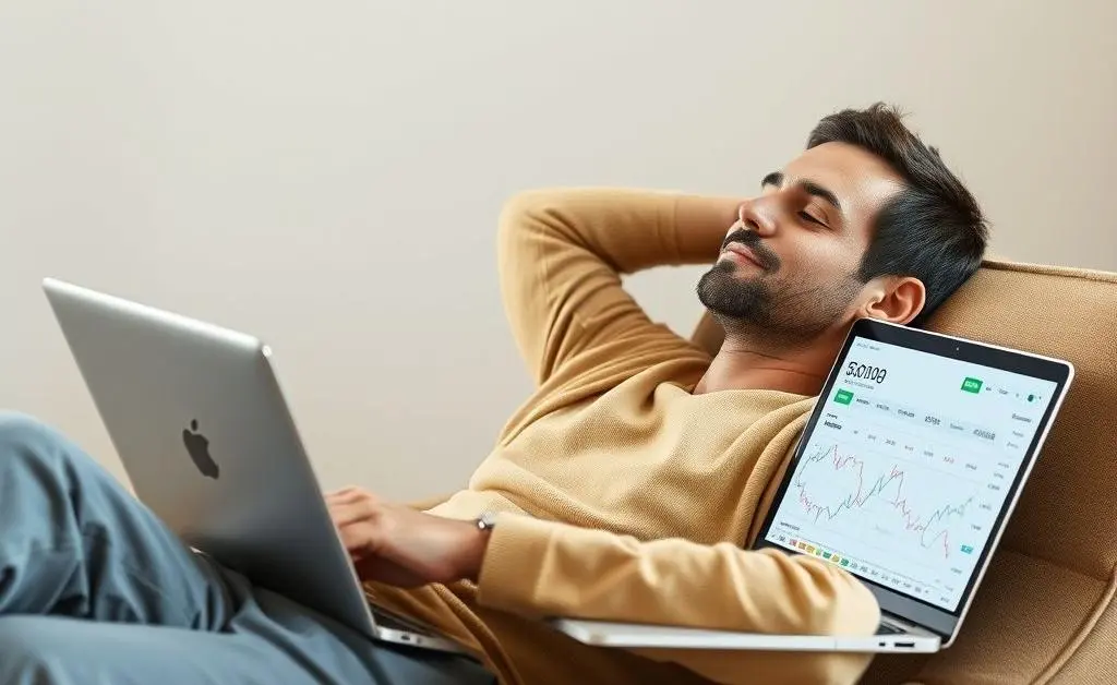 A serene person leaning back on a comfortable chair with an open laptop showing stock charts