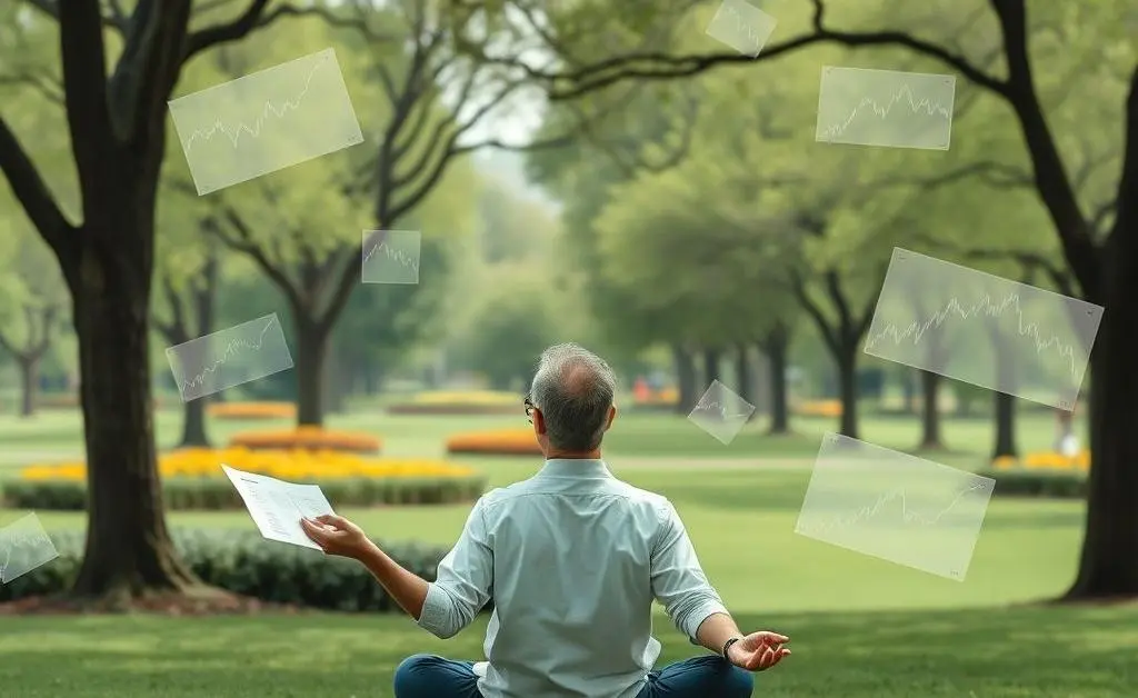 A serene investor meditating in a park with market charts floating around.