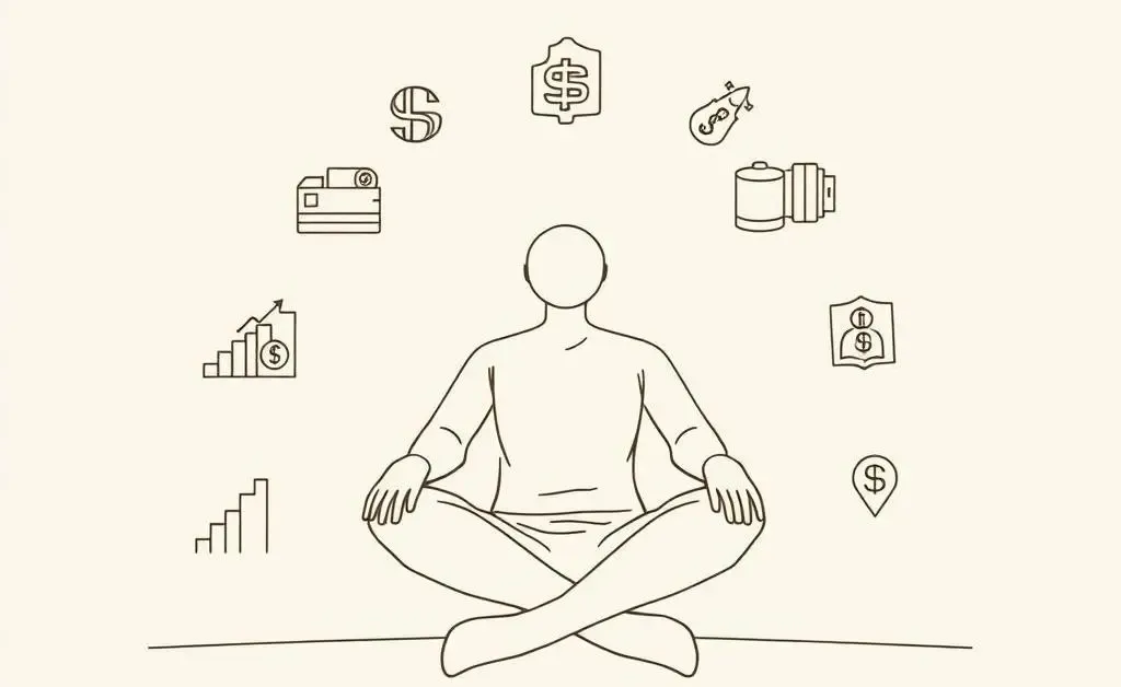 Person surrounded by investing icons, looking calm