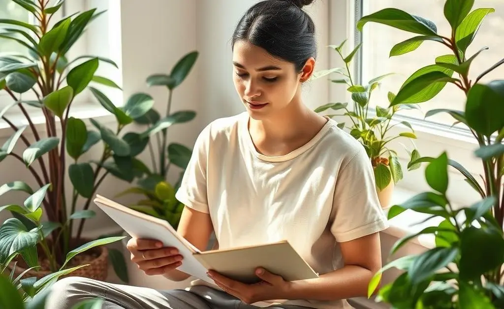 A person sitting calmly with a notepad, reviewing their long-term financial goals, surrounded by plants.