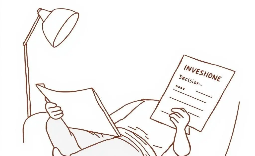 Hand-drawn image of a person relaxing with papers showing a small home investment decision