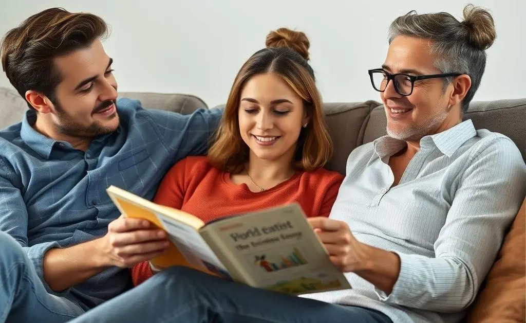People relaxing on a couch, looking at their investment portfolio with calm expressions.