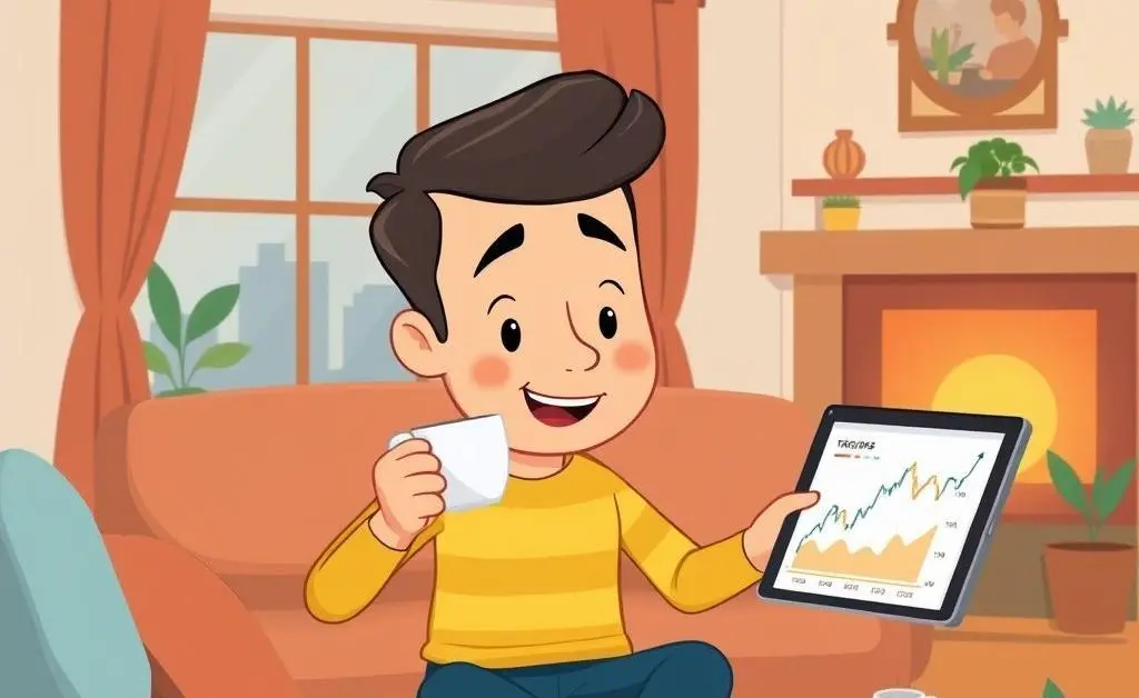 A cozy cartoon living room setting with a person sipping tea while reviewing stock market trends on a tablet.