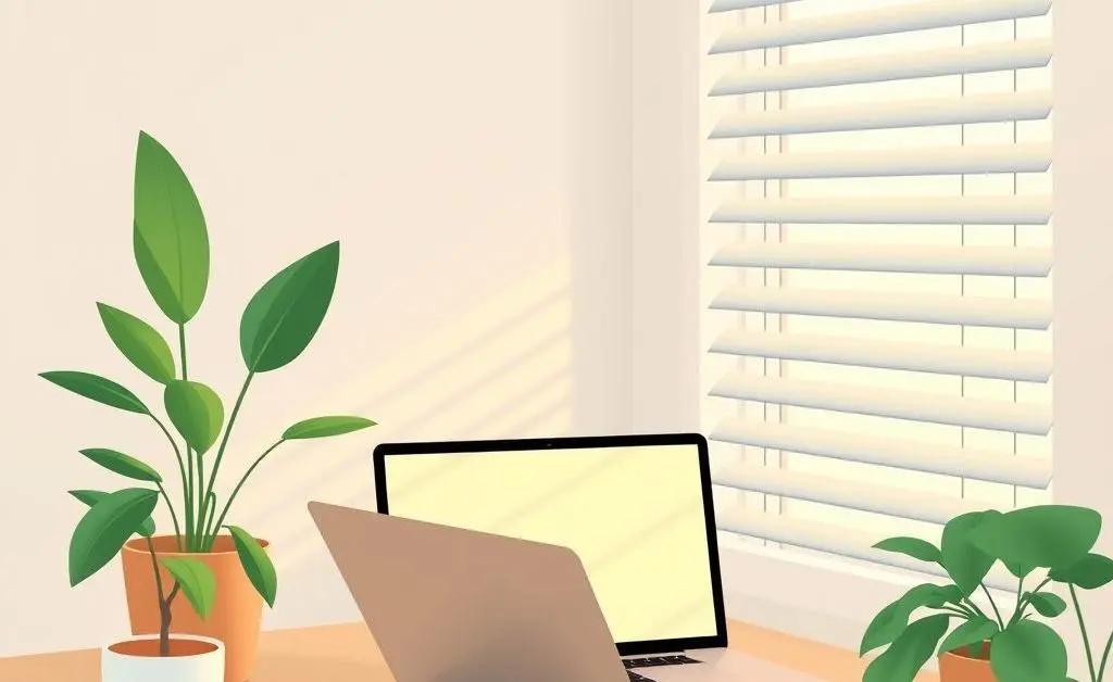 Illustration of a serene corner with a laptop and a plant, conveying a calm investing mood.