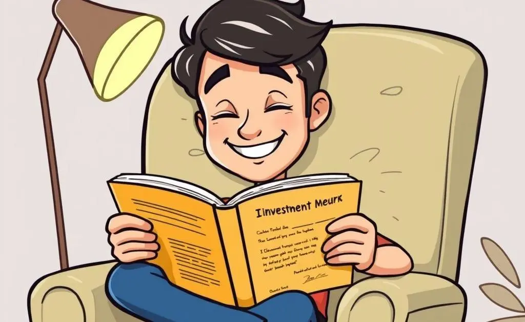Person reading an investment book, relaxed in a chair.