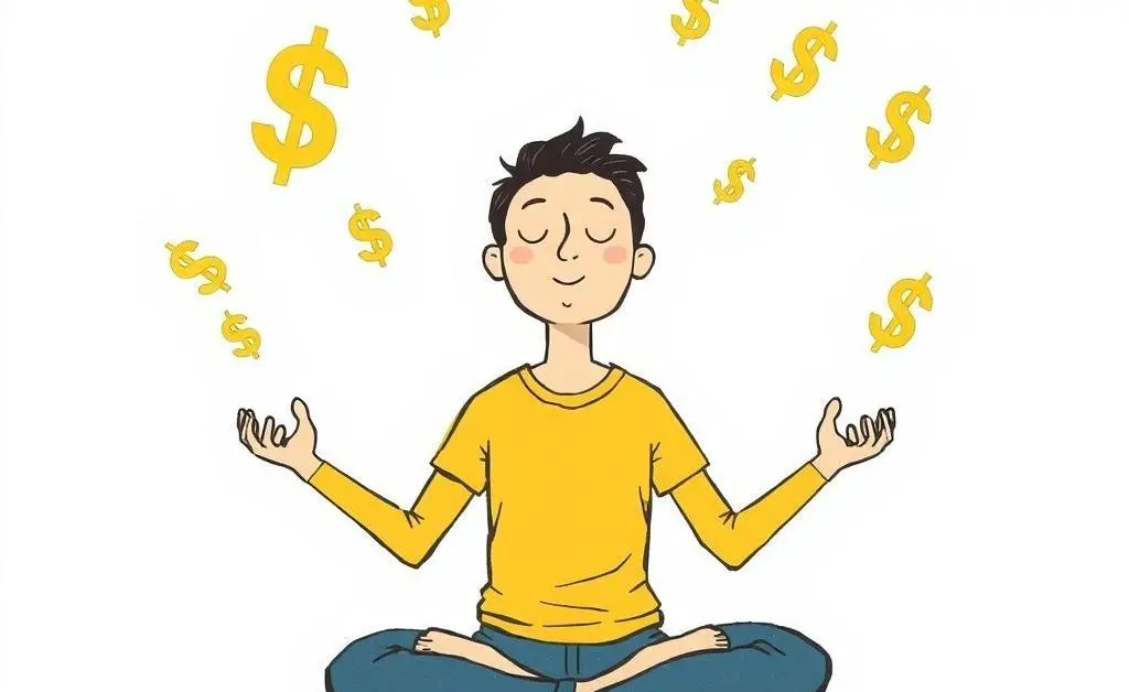 Person meditating with floating dollar signs representing calm investing.