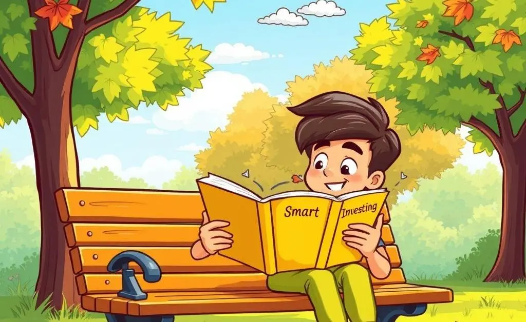 Person relaxing and reading a book on investing in a park.