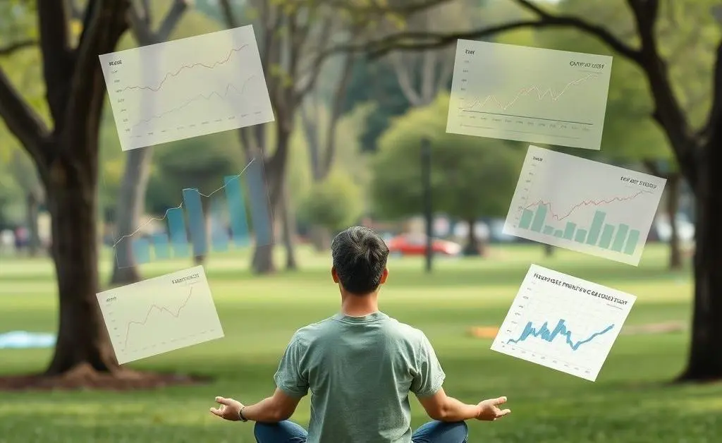 Person meditating with financial graphs in the background