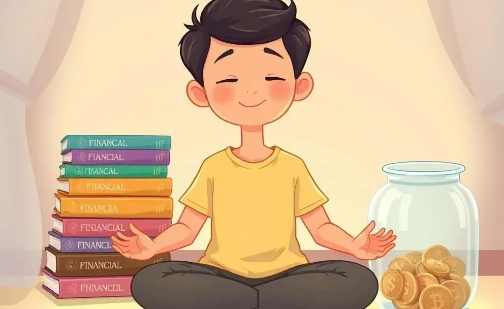 A peaceful, cartoon scene of someone meditating in front of financial books and a coin jar.