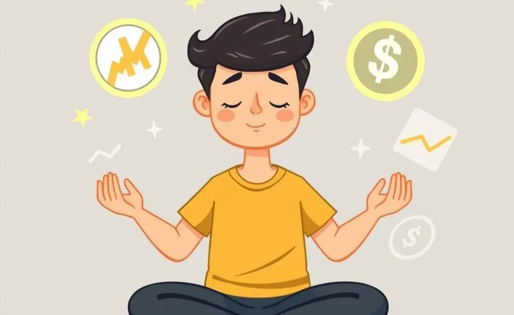A relaxed person meditating with financial symbols around them.