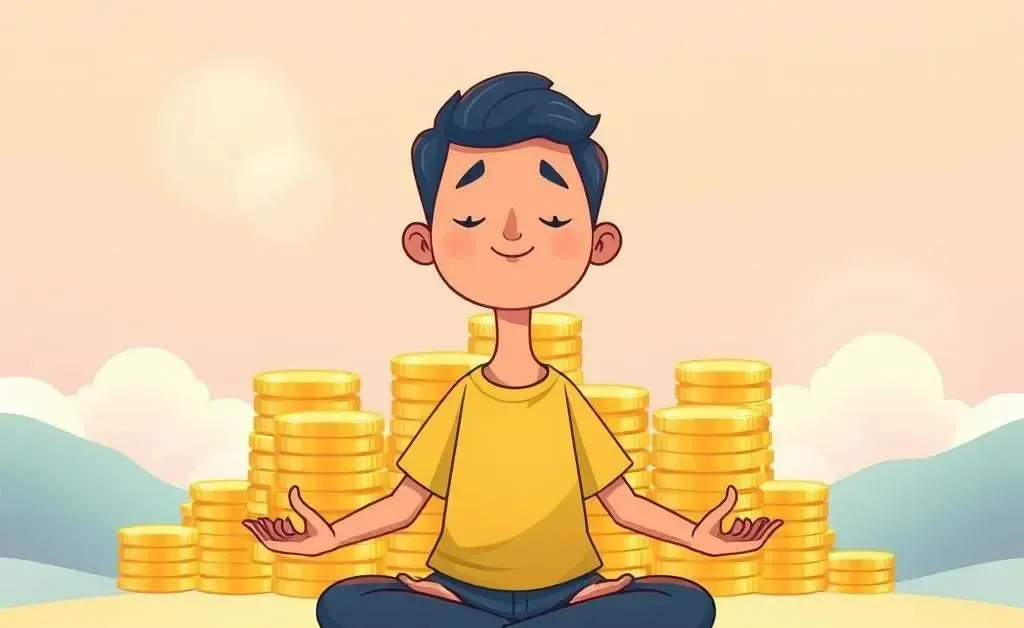 A serene, imaginative cartoon of a person meditating with large coins stacking up in the background.