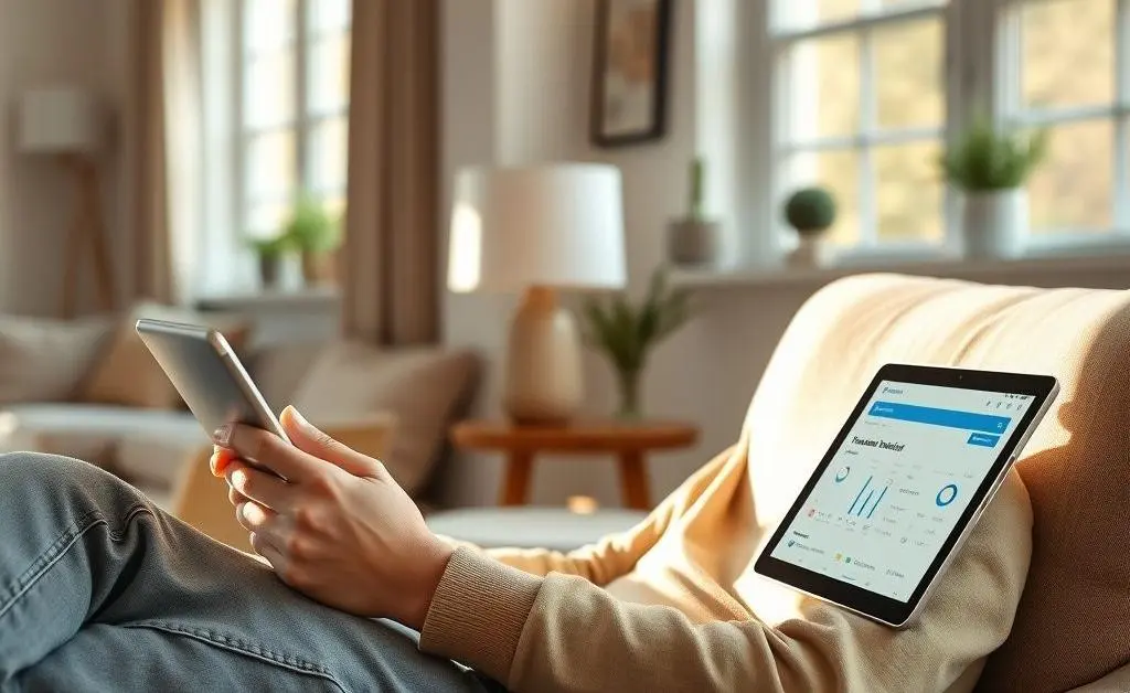 Person in a relaxed setting, scrolling through a financial app on a tablet.