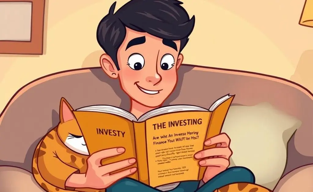 Person reading a book about investing with a peaceful expression