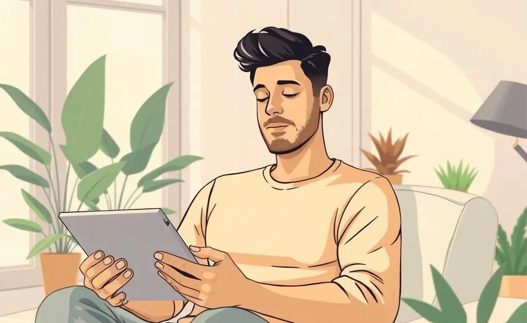 A relaxed person checking their investments with a calm and confident mood