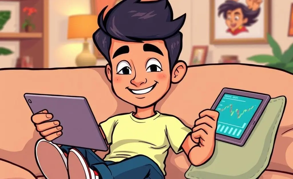 Person relaxing with a digital stock chart.