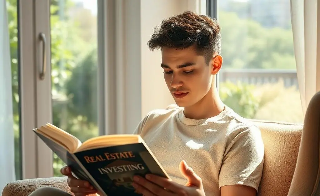 A relaxed setting with a person reading a real estate investing book by a window.