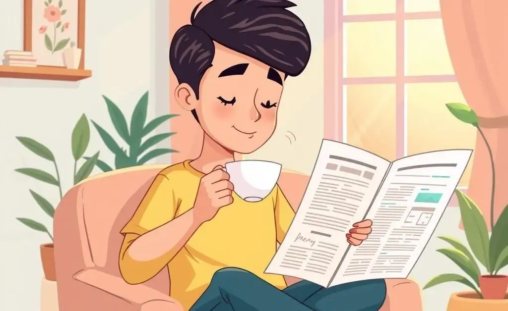 A person sitting calmly with a cup of tea and reading financial news.