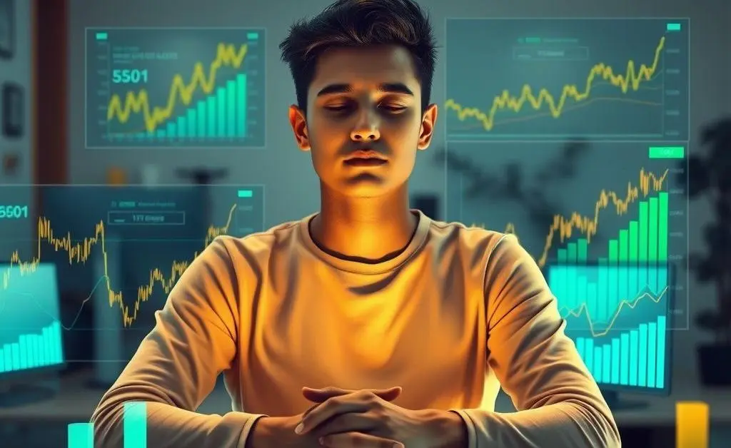 A person sitting calmly with investment charts and graphs, depicting a relaxed approach to investing.