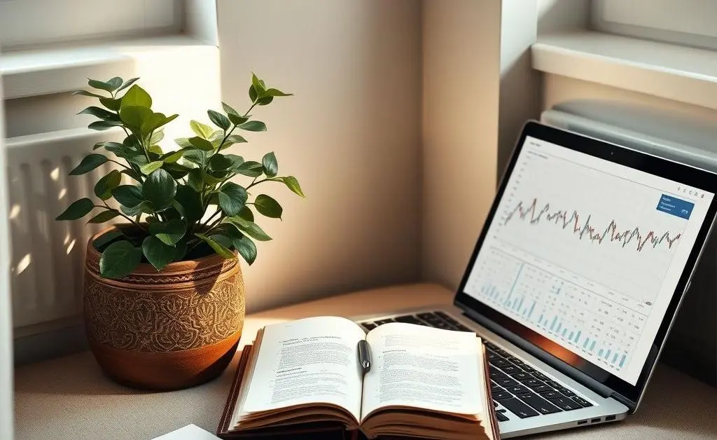 A calm and inviting corner with a plant, journal, and a laptop for investment research
