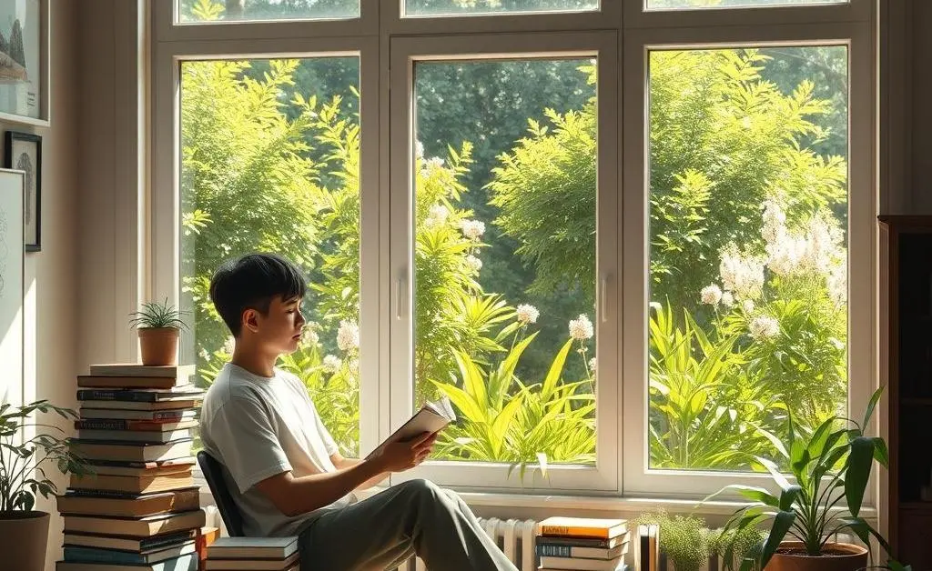 A serene scene with a person sitting by a window, surrounded by books on investing.