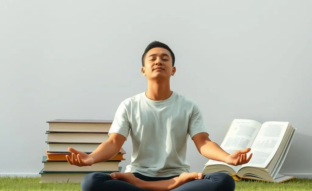 A peaceful scene with someone meditating with financial books in the background